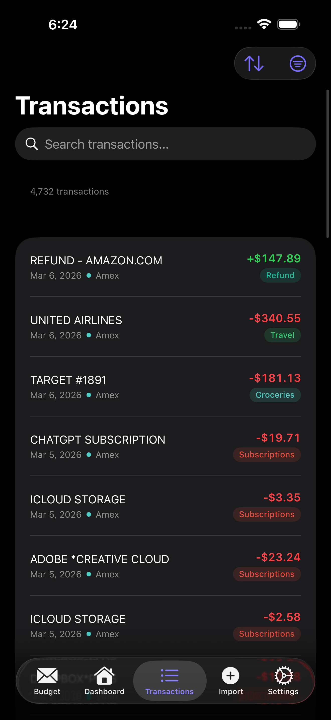 Transaction list with search, categories and amounts